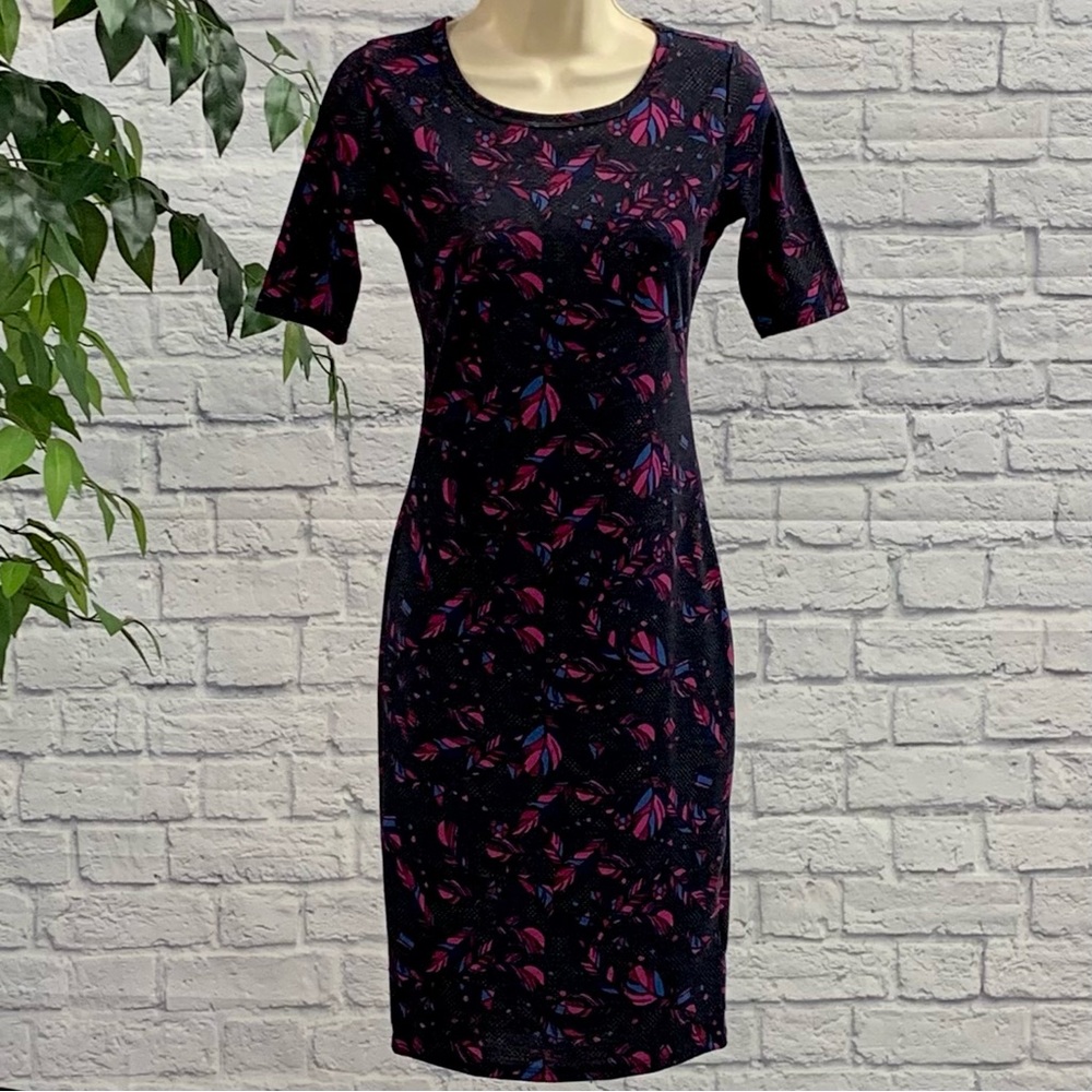 LuLaRoe Julia Dress Black with Blue & Pink Geometric Print Size XXS NWOT